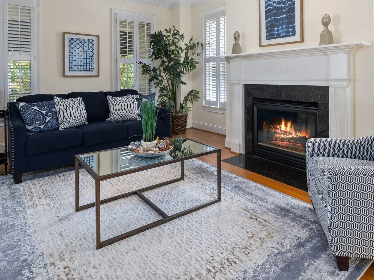 A large blue and grey patterned area rug on a wood floor in a bright living room, its bound edge clear against the boards