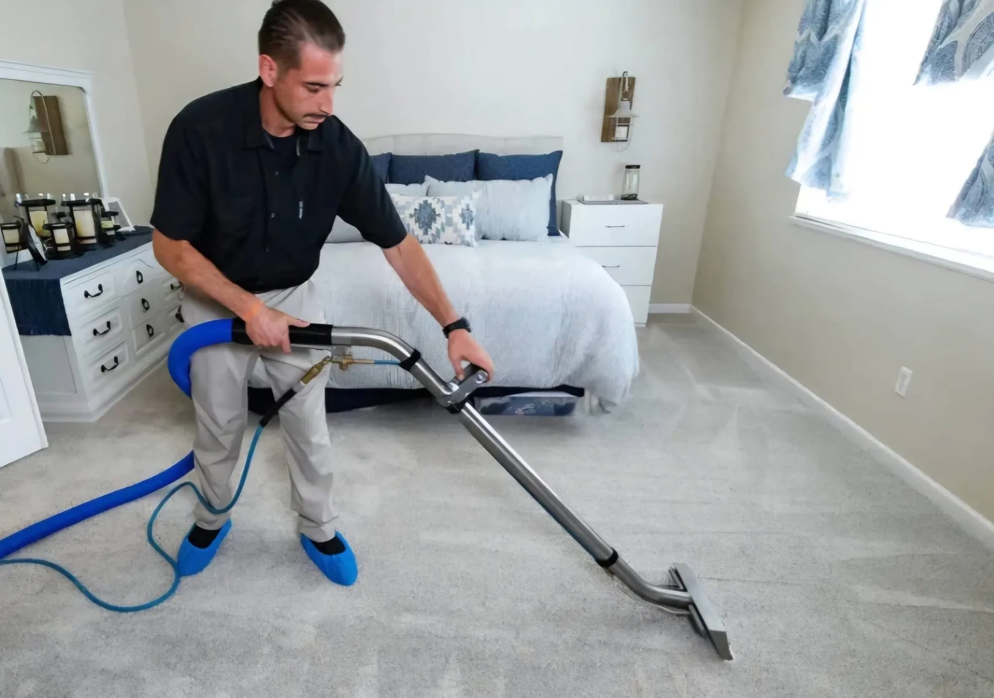 A Park City Carpets technician steam-cleaning carpet in a bedroom